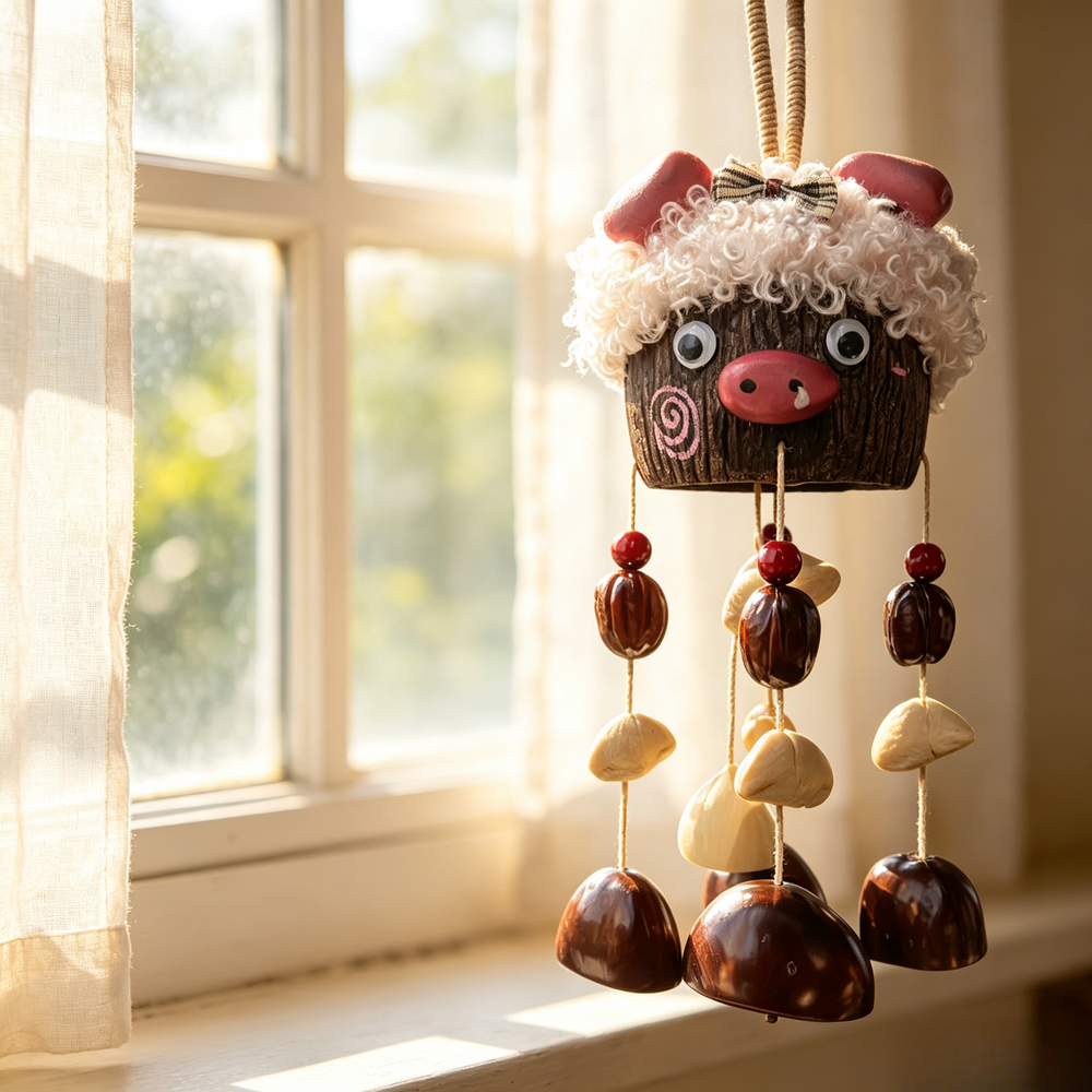 Handcrafted pig-shaped natural seed pod wind chime, unique boho-style hanging home decor.