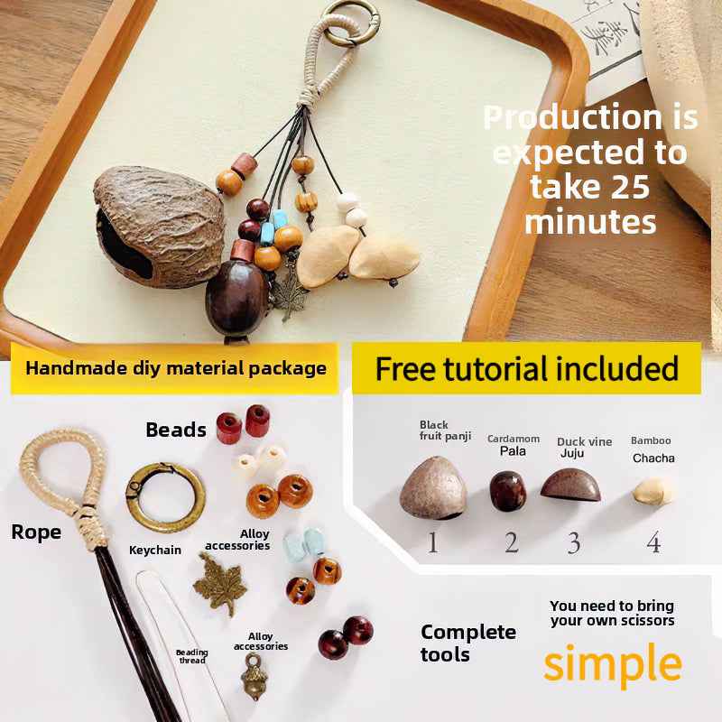 Product photography of a DIY Natural Fruit Shell Wind Chime & Shaker Craft Kit, displaying the raw materials (seed pods, wooden beads, rope) and the finished product on a bamboo tray for boho decor.