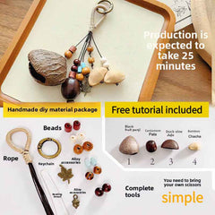 Product photography of a DIY Natural Fruit Shell Wind Chime & Shaker Craft Kit, displaying the raw materials (seed pods, wooden beads, rope) and the finished product on a bamboo tray for boho decor.