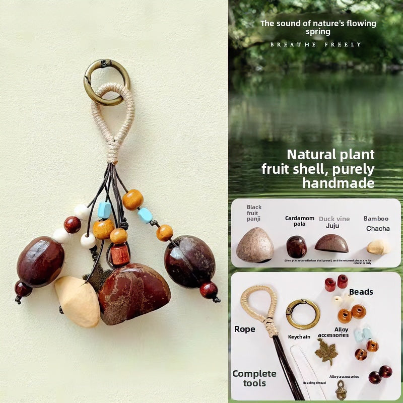 Product info graphic for the Natural Fruit Shell Wind Chime & Shaker DIY Kit, displaying a handmade finished charm on the left, and on the right, listing the raw materials including dried seed pods, beads, rope, keychain, and complete tools.
