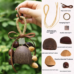 Handcrafted natural fruit shell wind chime finished product held by hand, alongside a detailed display of all DIY kit components including ropes, hanging loops, and dried seed pods.