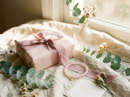 A handcrafted natural crystal bracelet next to beautifully wrapped gift boxes and fresh roses, perfect as a meaningful birthday gift idea for her.
