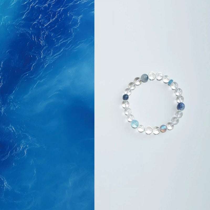 AURA LITH Clarity & Peace Clear Quartz and Aquamarine Bracelet, a natural gemstone bracelet designed to clear mental clutter.