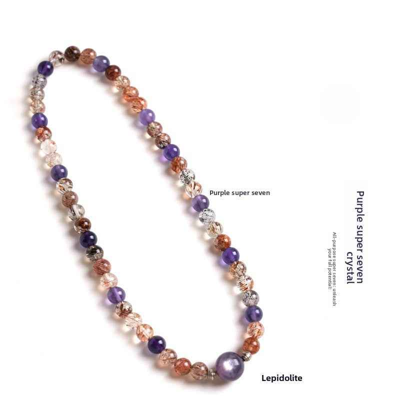 Close-up look of genuine 7A grade purple super seven crystals and protective beads from AURA LITH cosmic jewelry.