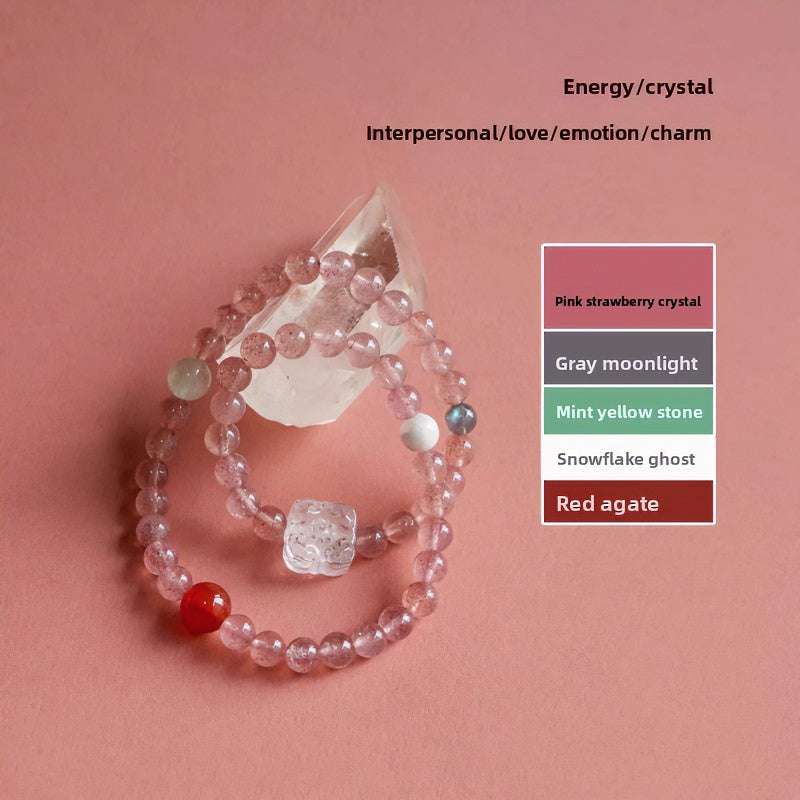 Close-up look of genuine 7A grade strawberry quartz beads and a delicate brand charm from AURA LITH cosmic jewelry.