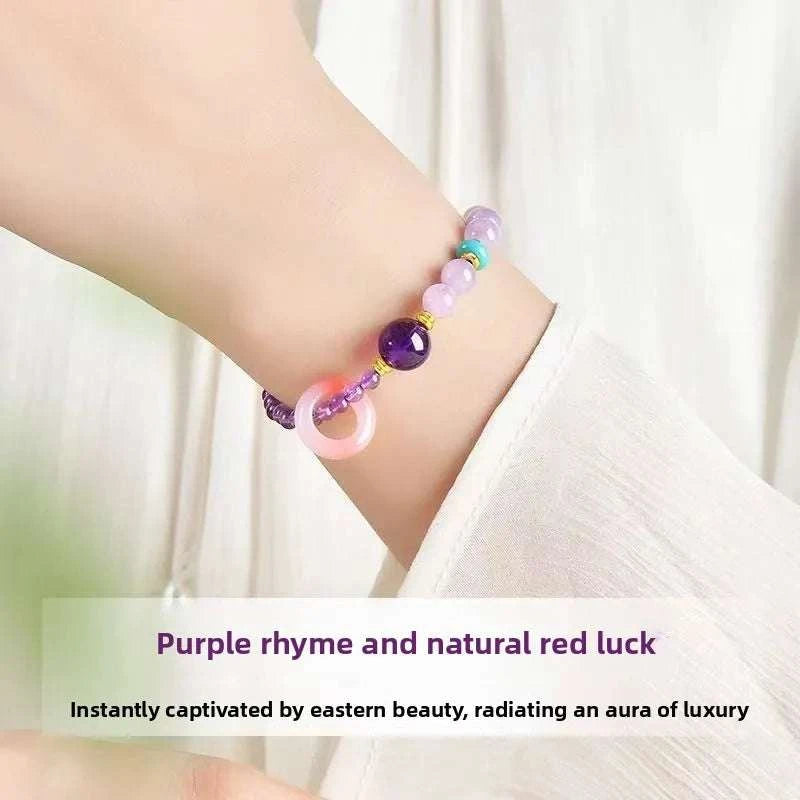 Handmade crystal jewelry featuring a premium amethyst zodiac beaded bracelet worn on a wrist for inner peace.