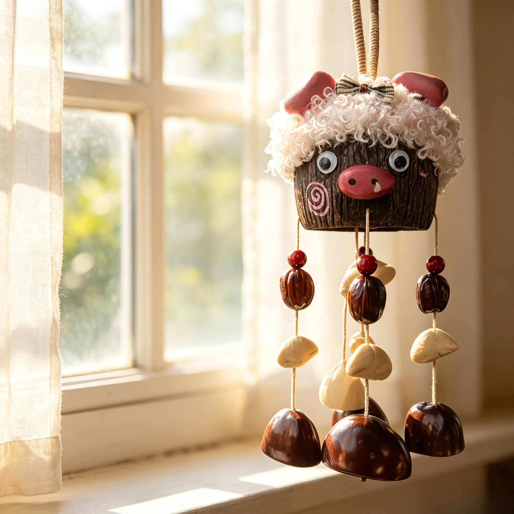 Handcrafted pig-shaped natural seed pod wind chime, unique boho-style hanging home decor.