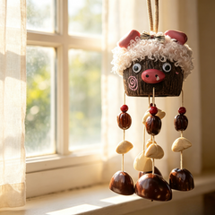Handcrafted pig-shaped natural seed pod wind chime, unique boho-style hanging home decor.