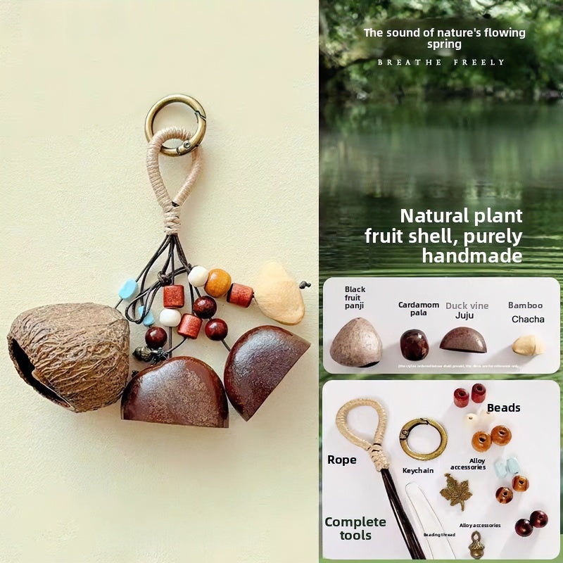 Product info graphic for the Natural Fruit Shell Wind Chime DIY Kit, showing the finished handmade charm on the left and a detailed list of all included raw materials (seed pods, beads, rope, and tools) on the right.
