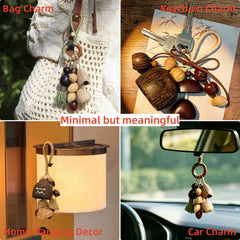 A four-photo collage displaying a natural fruit shell charm used as a boho bag charm, keychain, home hanging decor, and a car rear-view mirror charm, with the text "Minimal but meaningful.