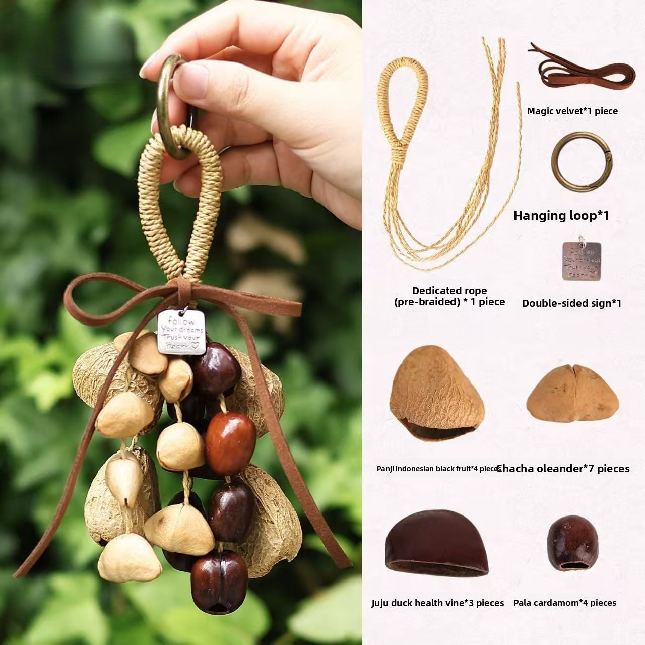 DIY kit components for natural fruit shell wind chime, featuring a finished hanging charm on the left and a detailed display of materials including seed pods, braided rope, metal hanging loops, and decorative signs on the right.