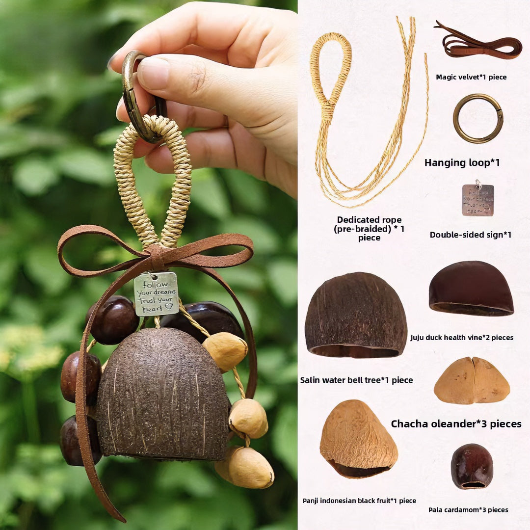 Handcrafted natural fruit shell wind chime finished product held by hand, alongside a detailed display of all DIY kit components including ropes, hanging loops, and dried seed pods.