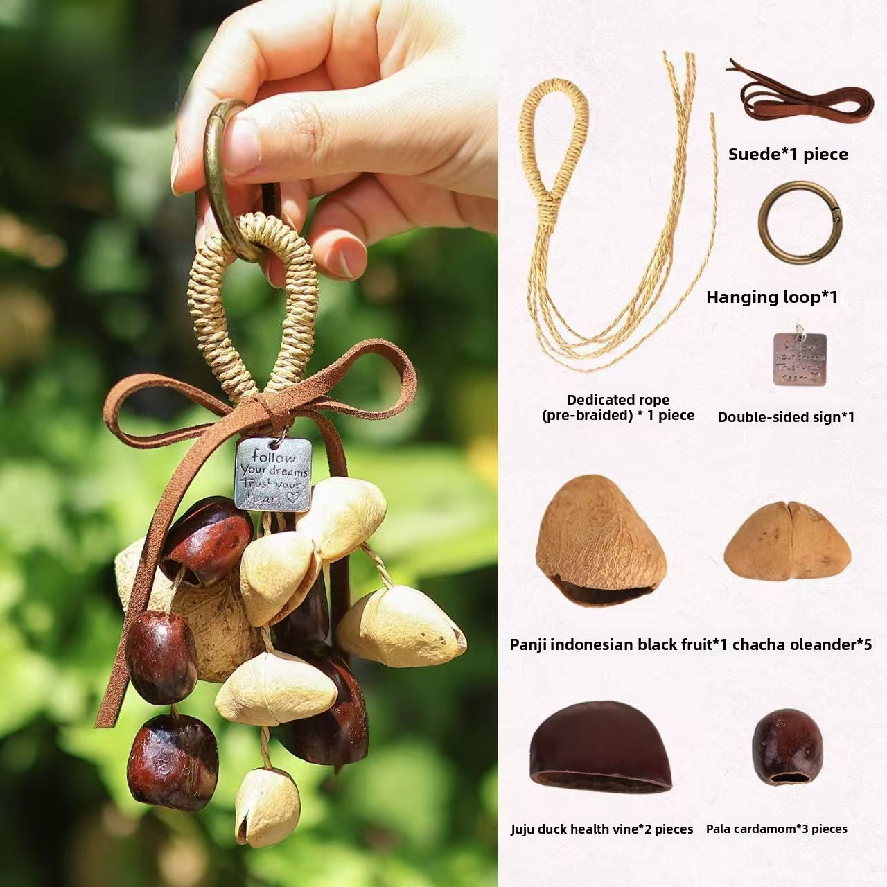 Handcrafted natural fruit shell wind chime kit components list, displaying the finished charm on the left and labeled raw materials including seed pods, suede cords, and metal hardware on the right.