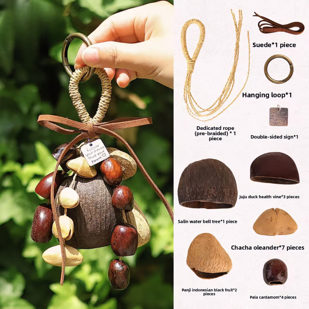 Product assembly guide for a natural fruit shell wind chime DIY kit, displaying the finished charm on the left and a labeled list of raw materials including seed pods, suede cords, and metal hanging loops on the right.