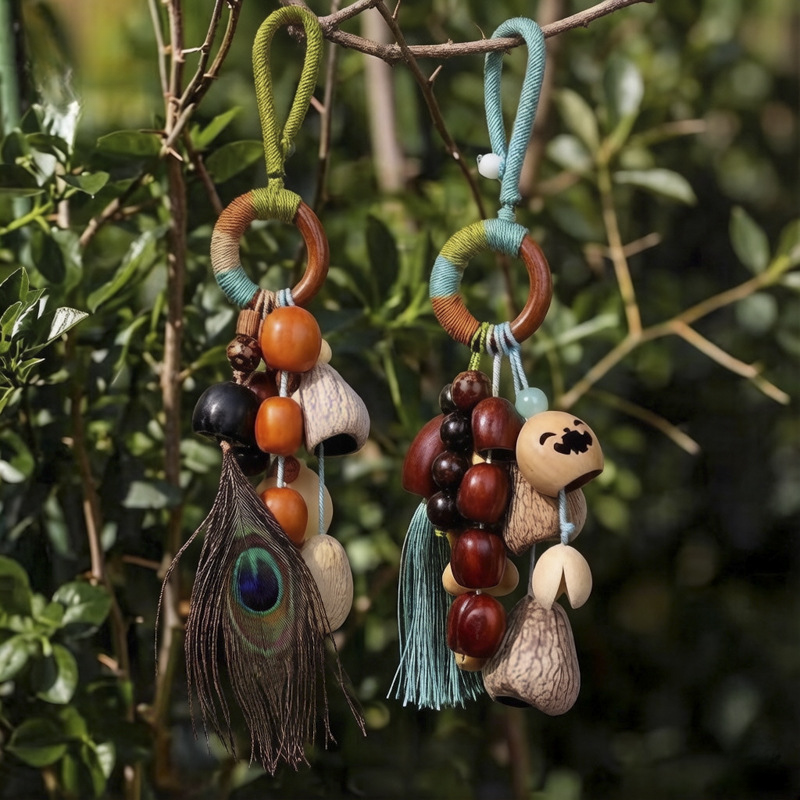 Handcrafted natural seed pod wind chime with wooden beads and feather accents, boho-style home decor.